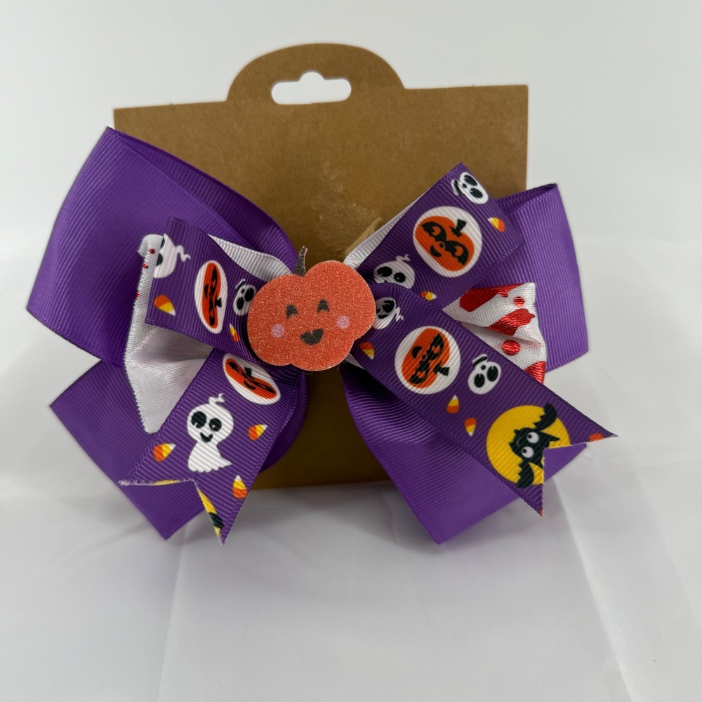 Halloween Hair Bow Purple Grosgrain Ribbon Pumpkin Ghost Bat Hair Clip‎